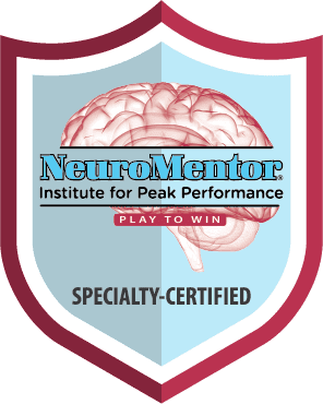 NeuroMentor brain performance badge with shield and brain graphic.
