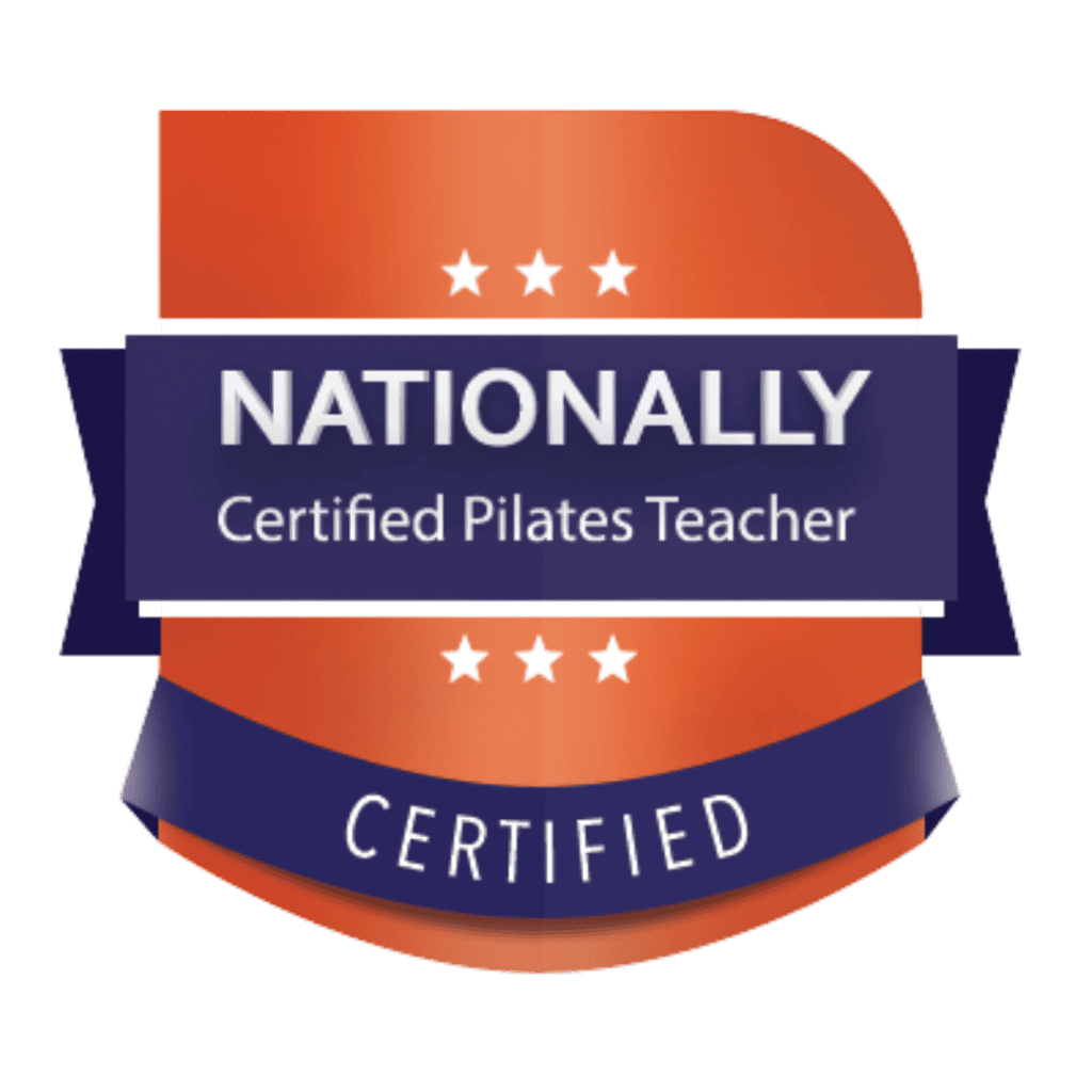 Certified Pilates Teacher badge with stars and ribbons for Emilee Garfield.